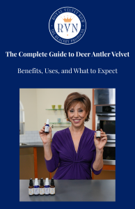 Smiling woman in purple holding deer velvet supplement bottles in a kitchen; bottles lined up on the counter, logo and title above on a blue background.
