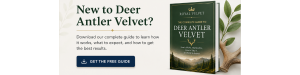Promotional banner for deer antler velvet with a 'Get the Free Guide' button and a book cover on the right.