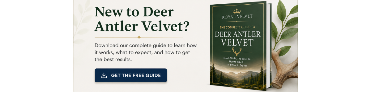 Promotional banner offering a free guide about deer antler velvet, featuring a 'Get the Free Guide' button and a 3D book cover on the right.