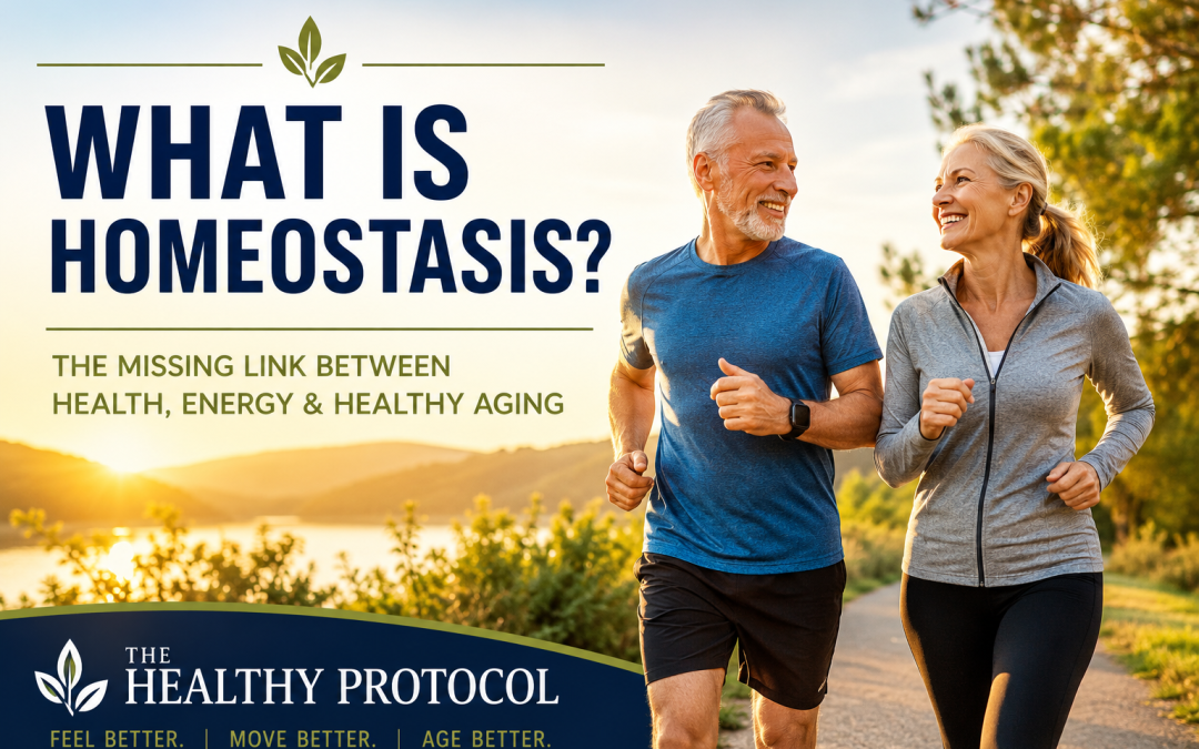 Active older couple jogging outdoors illustrating homeostasis, healthy aging, energy, and overall wellness.