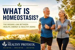 Active older couple jogging outdoors illustrating homeostasis, healthy aging, energy, and overall wellness.